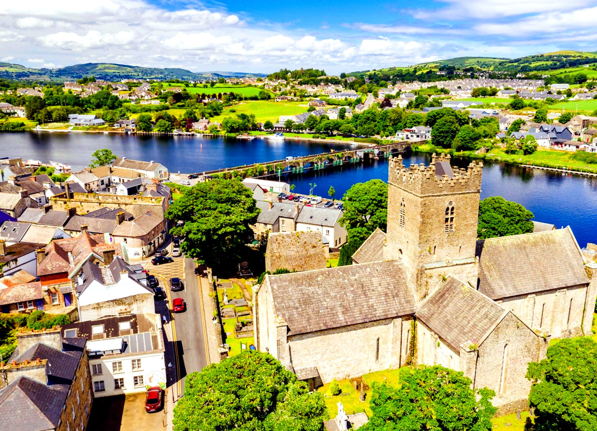 St Flannan's Cathedral and the river at Killaloe from the air